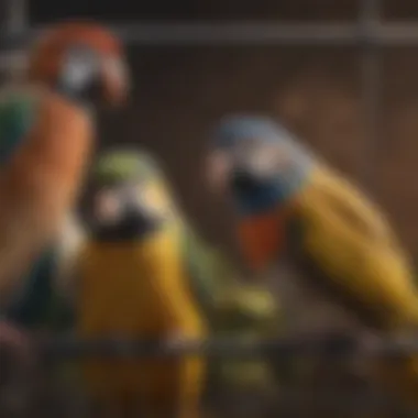 Close-up of diverse avian species comfortably housed in a triple stack cage