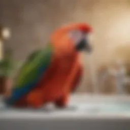 A large parrot enjoying a refreshing bath in a spacious water fountain