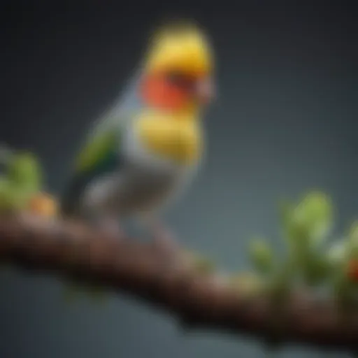 A vibrant cockatiel perched on a branch, showcasing its colorful plumage.