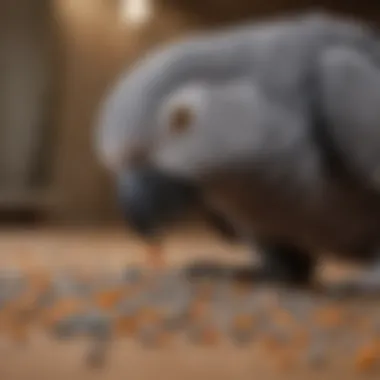 Close-up of African Grey parrot enjoying pellet food