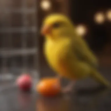 Close-up of canary enjoying a colorful toy