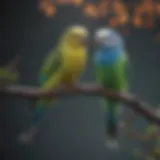 A colorful array of budgies perched on a branch.