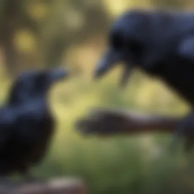 An engaging scene of a raven interacting with its caregiver