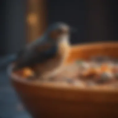 Close-up of a ceramic bird feeding bowl demonstrating its texture and design.