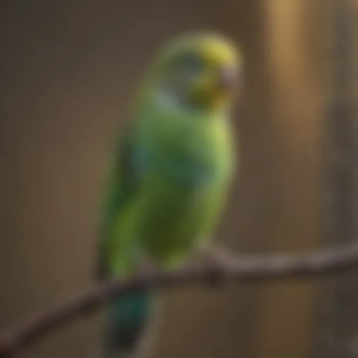 Colorful green budgerigar in an enriched cage environment