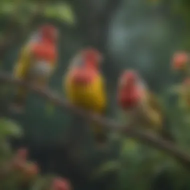 Colorful Finches in Their Natural Habitat Colorful finches perched on a branch in a lush environment