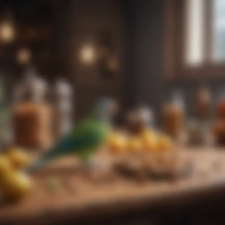 An organized display of homemade parakeet treats on a wooden table.