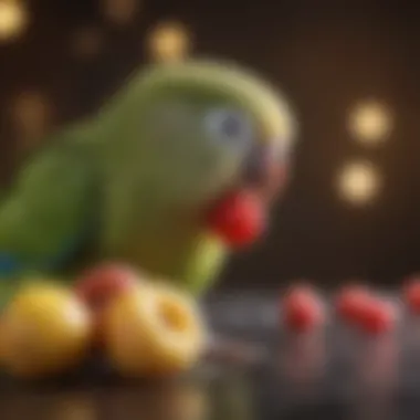 Close-up of a parakeet enjoying a fresh fruit treat.