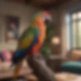 A colorful parrot perched on a branch in a cozy living room