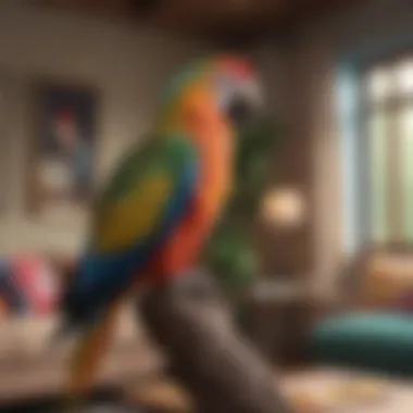 A colorful parrot perched on a branch in a cozy living room