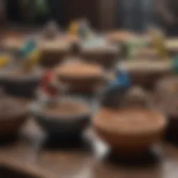 A vibrant selection of bird seeds and pellets arranged in bowls