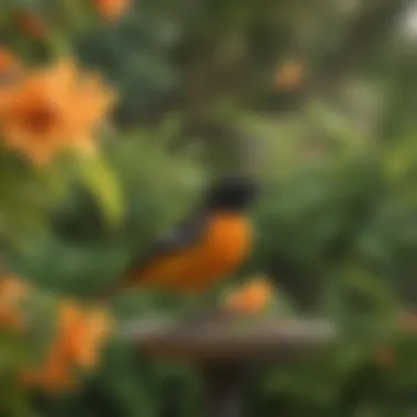 A gardener maintaining Baltimore Oriole nectar feeders in a vibrant garden setting