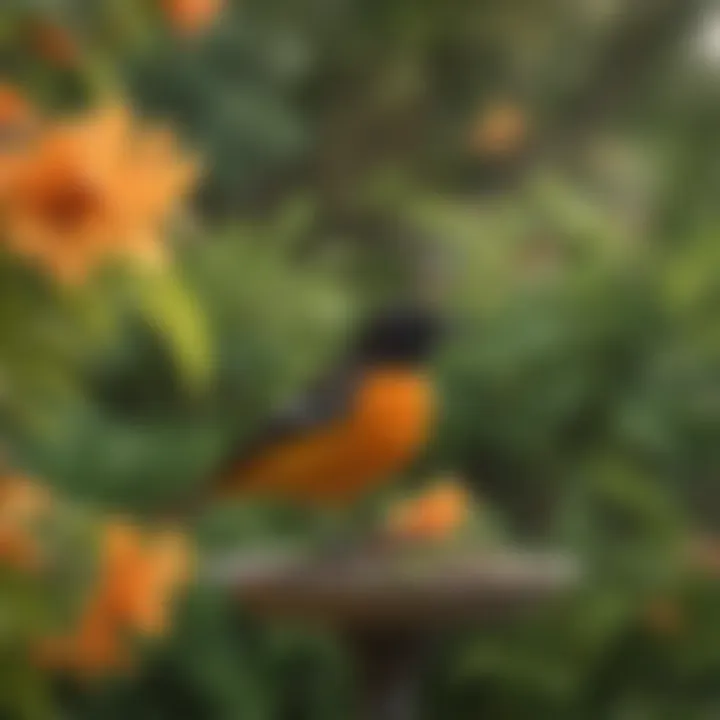 A gardener maintaining Baltimore Oriole nectar feeders in a vibrant garden setting