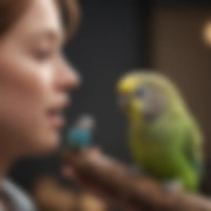 A budgie interacting playfully with its owner