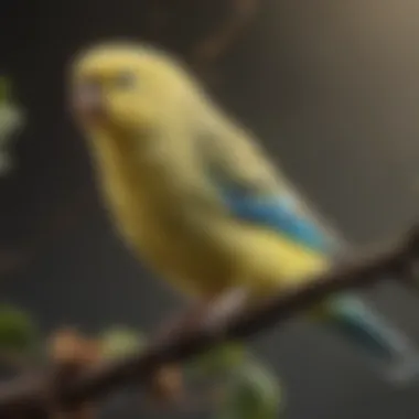 A healthy budgie perched on a branch enjoying its meal