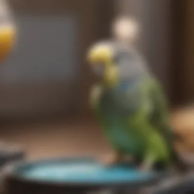 Healthy budgie perched in a well-maintained cage with clean food and water dishes