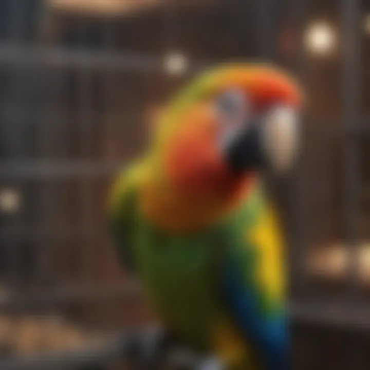 Brightly colored parrot in a spacious cage