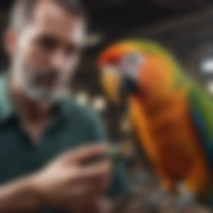 Parrot enthusiast interacting with a pet bird