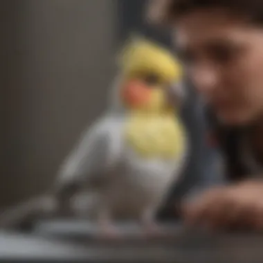 A cockatiel engaging in a training session with its owner