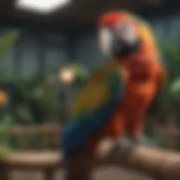 Vibrant macaw perched in a spacious aviary