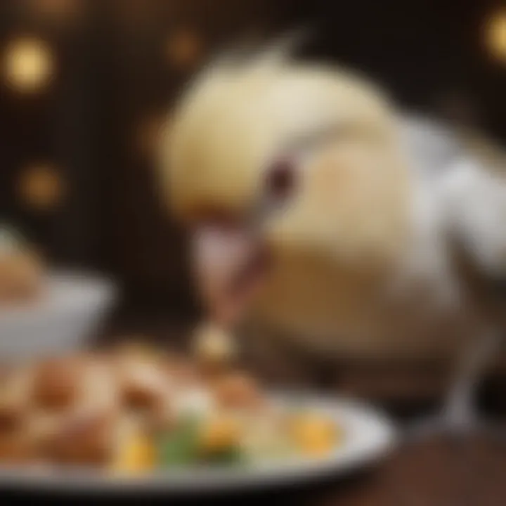 A close-up of a cockatiel enjoying a nutritious meal