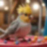 A vibrant cockatiel perched on a colorful play gym