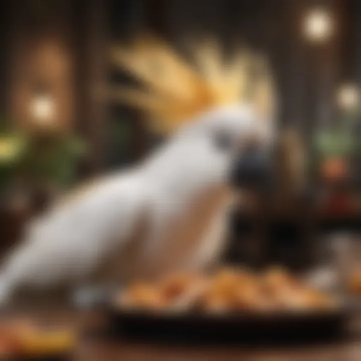 A majestic cockatoo enjoying a balanced meal