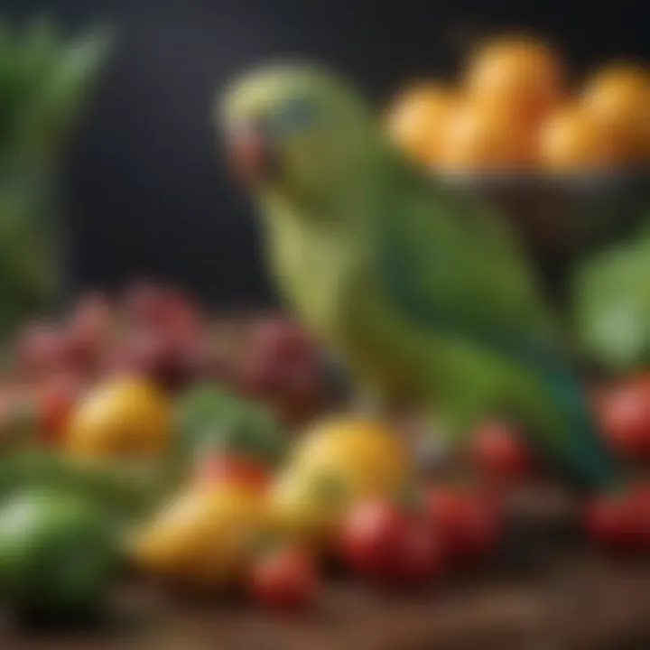 A vibrant parakeet perched beside a variety of fresh fruits and vegetables