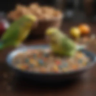 A parakeet enjoying a balanced seed mix in a colorful dish