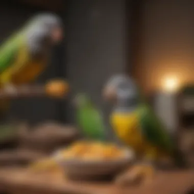 Interactive Feeding Station for Senegal Parrots A Senegal parrot perched on a feeding station with different food options