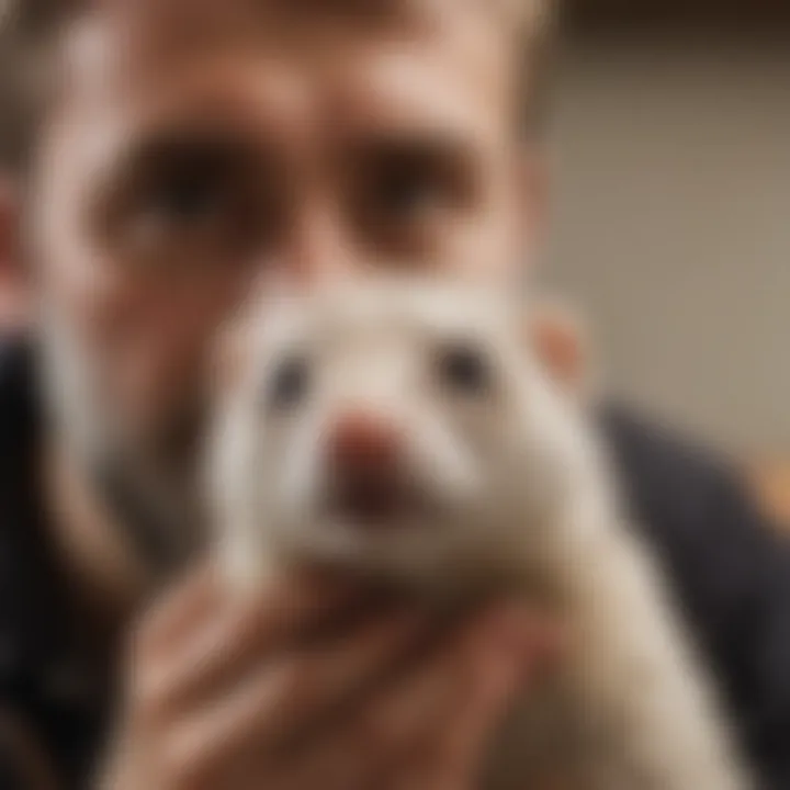 A playful ferret engaging with its owner