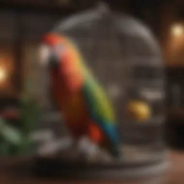 Giant parrot cage featuring various enriching accessories and toys