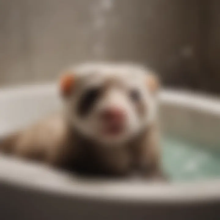 Ferret enjoying a bath in a tub with gentle shampoo