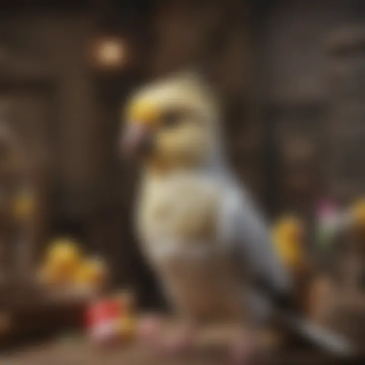 A cockatiel perched happily inside a well-equipped hanging cage filled with toys and perches