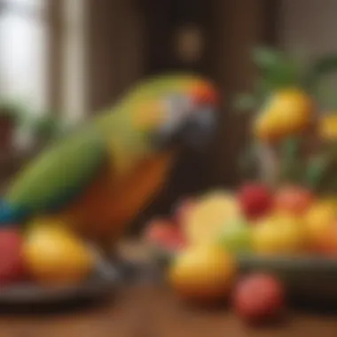 A close-up shot of a house parrot enjoying a variety of fresh fruits.