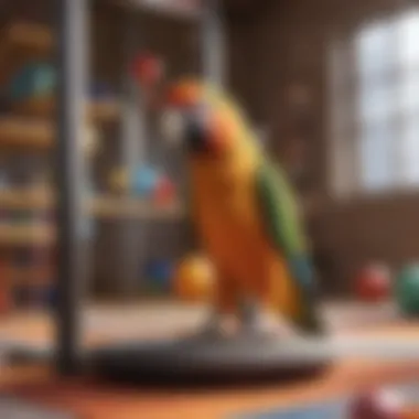 A vibrant house parrot perched on a colorful play gym.