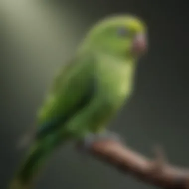 An exquisite green parakeet displaying its unique feather patterns.