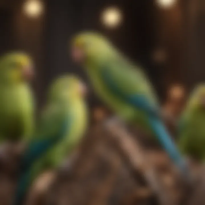 A group of parakeets of various breeds interacting in a lively environment.