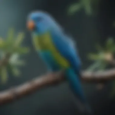 A vibrant blue parakeet perched on a branch showcasing its colorful feathers.