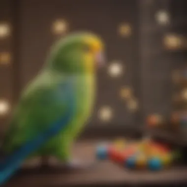 Colorful toys and enrichment items arranged inside a parakeet cage