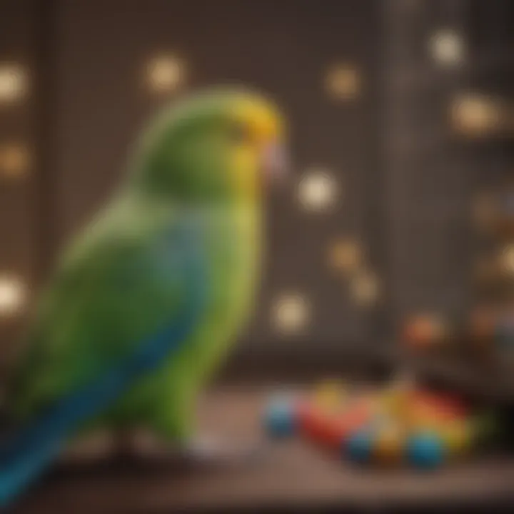 Colorful toys and enrichment items arranged inside a parakeet cage