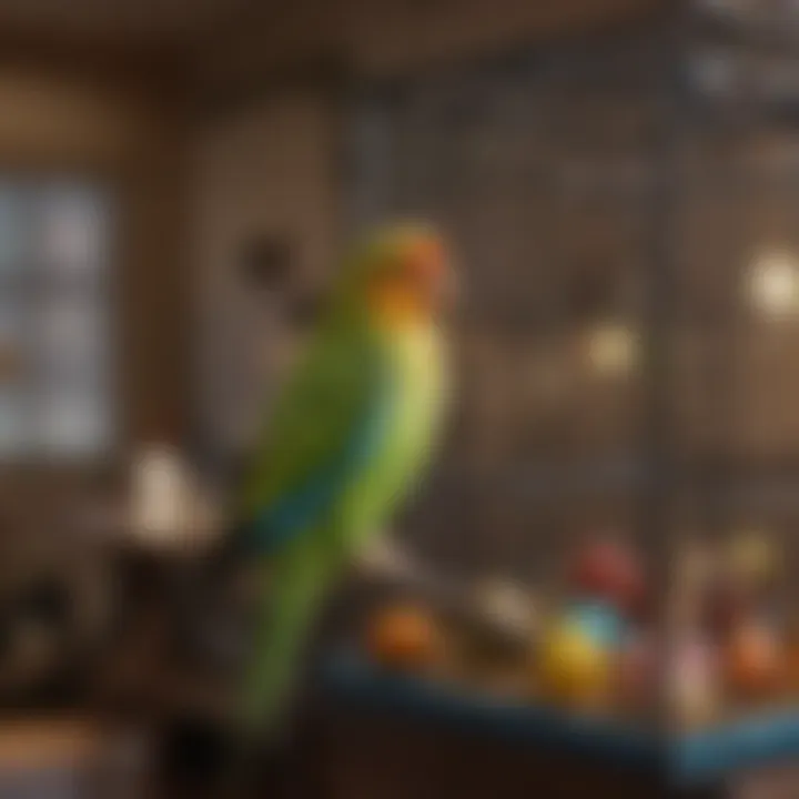 A cozy parakeet cage with toys and perches