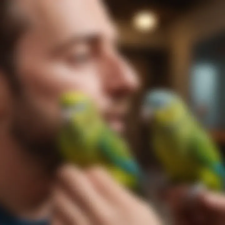 A parakeet interacting with its owner