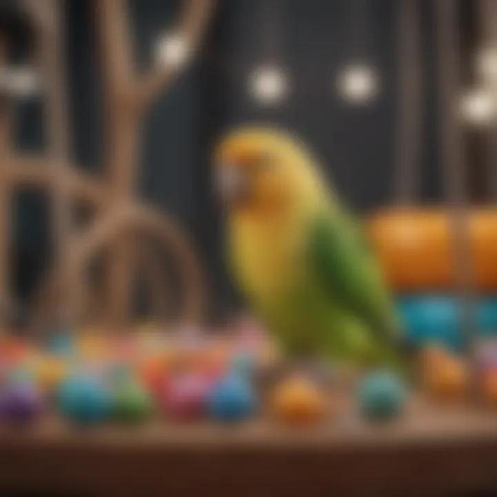 A vibrant parakeet perched on a colorful play gym