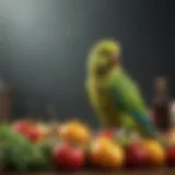 A colorful array of fresh fruits and vegetables suitable for parakeet diets.