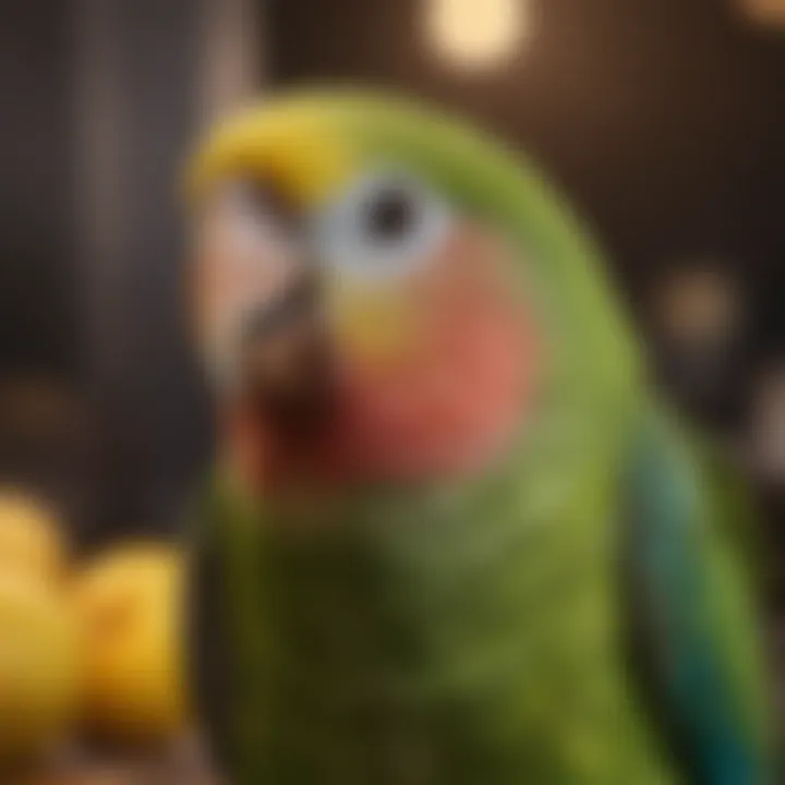 A healthy parakeet in a colorful cage, symbolizing preventive care.