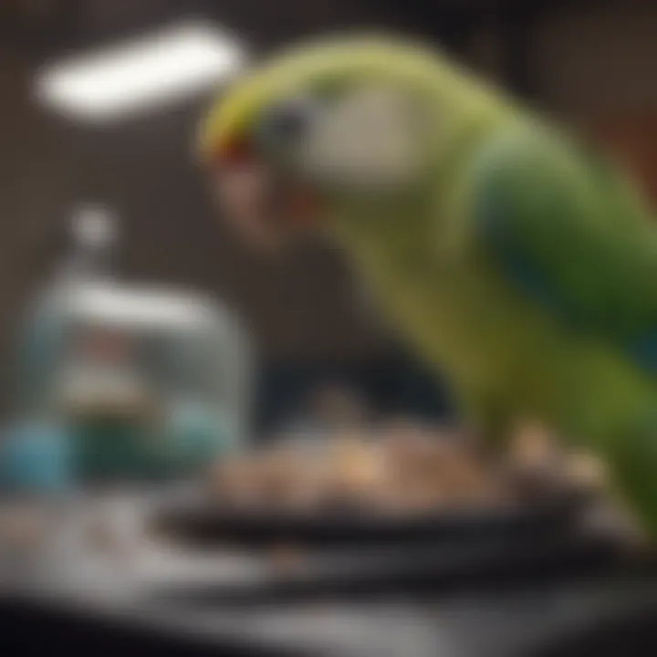 A veterinary professional examining a parakeet during a routine checkup.