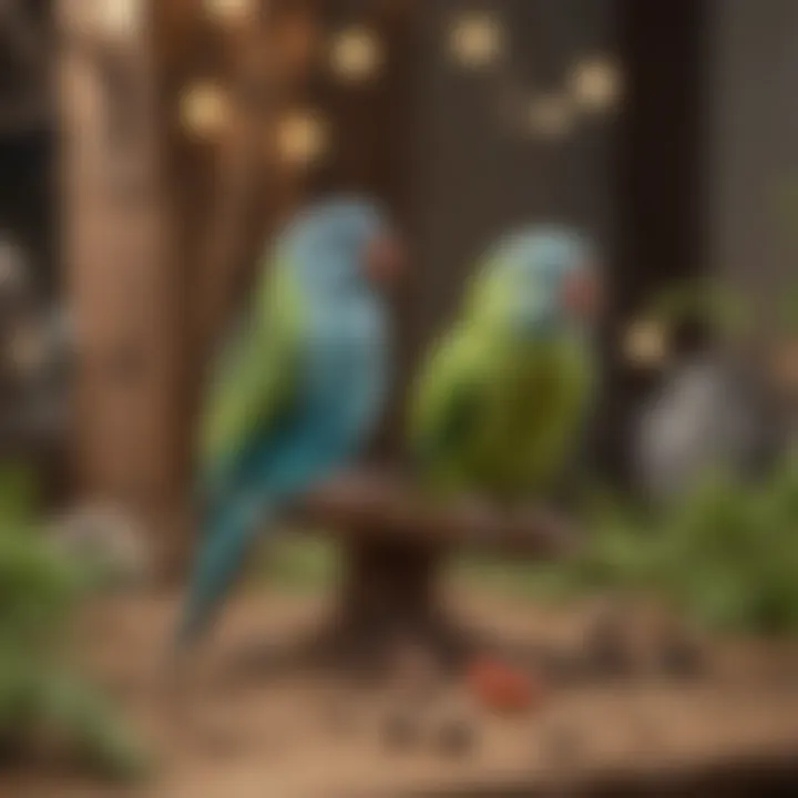 A well-arranged parakeet habitat with toys and food