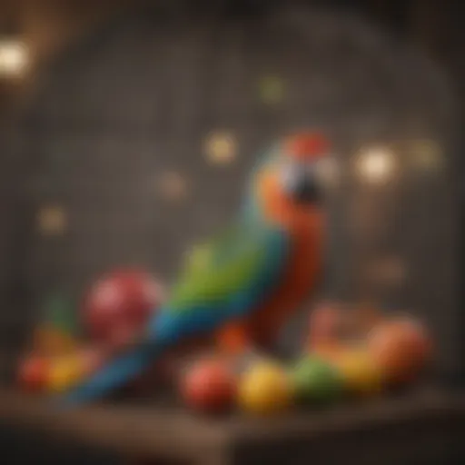 Colorful assortment of parrot toys in a cage
