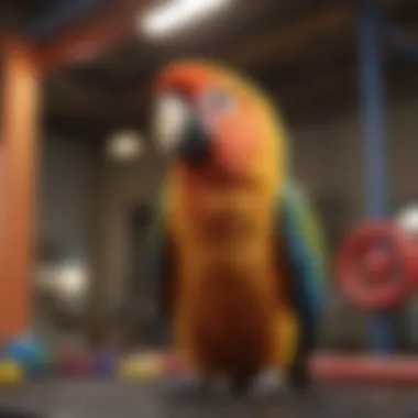 Vibrant parrot perched on a colorful play gym